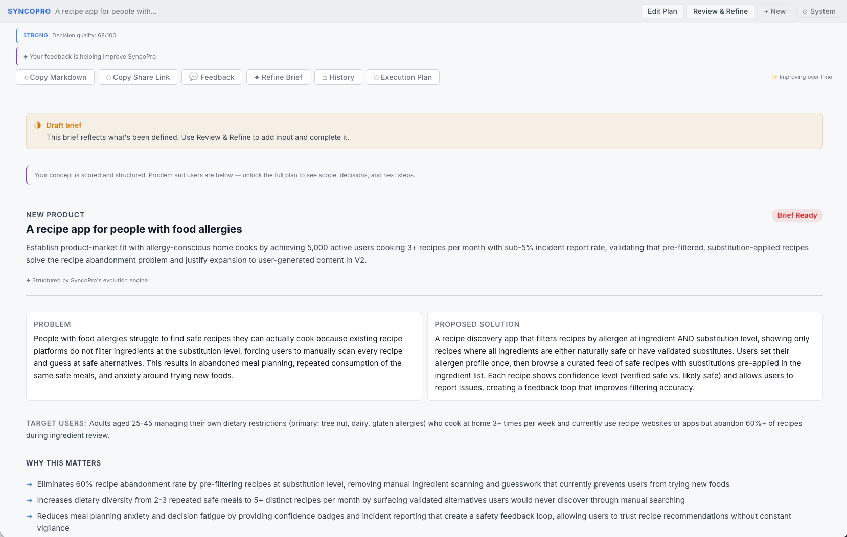 SyncoPro structured plan output — showing problem, users, scope, decisions, and success metric